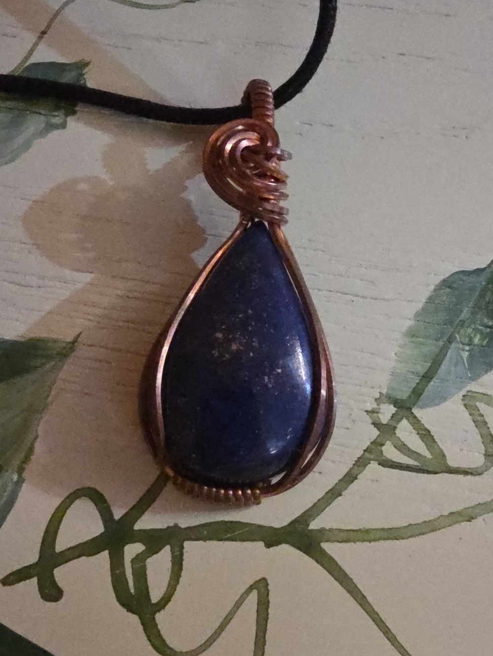 Artisan Copper Wrapped Lapis Lazuli Stone Pendant Black Cord Necklace